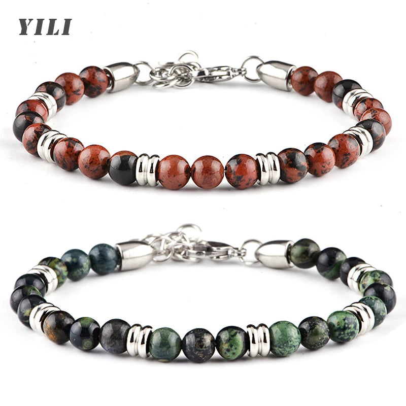 Fashion Stainless Steel Bracelet for Men 6MM Natural Stone Beaded Bracelets Handmade Adjustable Pulseras Jewelry Gift for Women