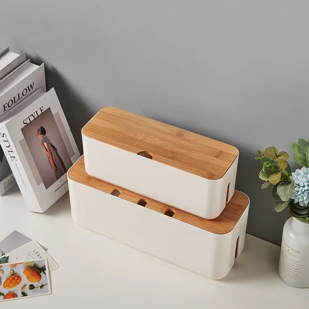 Bamboo Cover Cable Management Box Wire Junction Board Storage Box Hide Wires Power Strips Desk Cable Computer Organizer Box