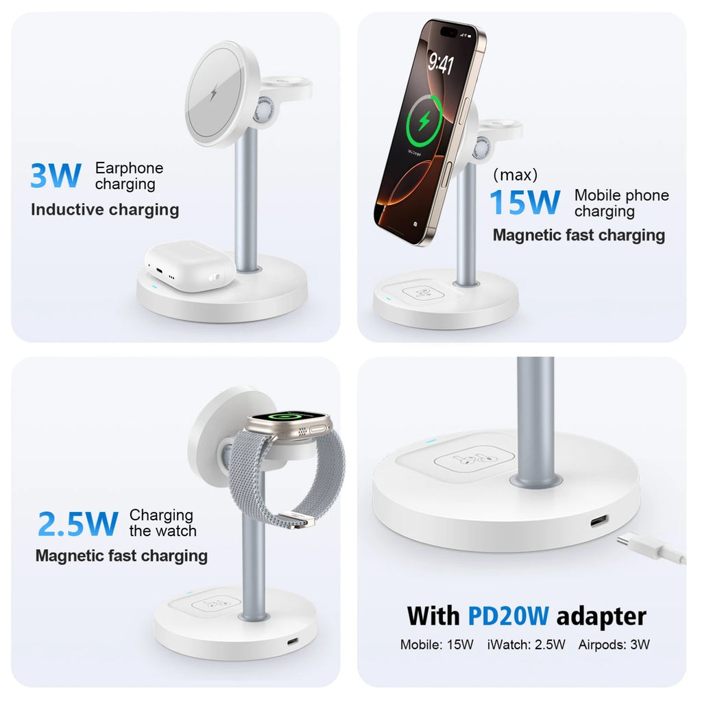 15W 3-In-1 Magnetic Wireless Charging Station Travel Fast Charger for Magsafe Iphone 16 15 14 13 12 Apple Watch 10-2 Airpods Pro