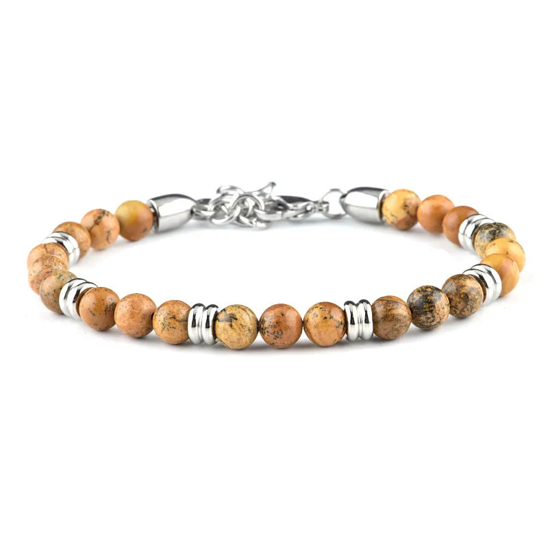 Fashion Stainless Steel Bracelet for Men 6MM Natural Stone Beaded Bracelets Handmade Adjustable Pulseras Jewelry Gift for Women