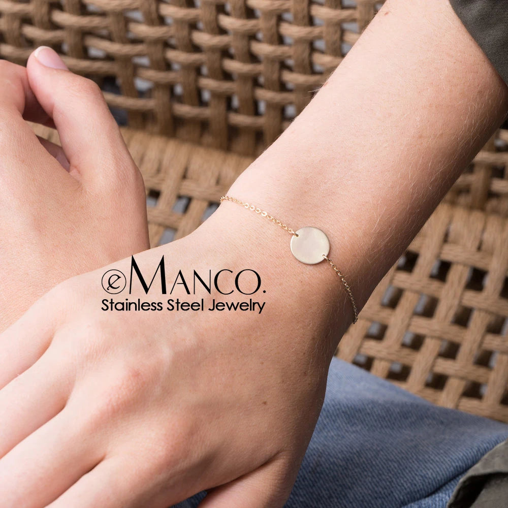 Emanco Minimalist Initial Charm Bracelets Plain Blank round Pendant Stainless Steel Bracelet Adjustable Bracelet Jewelle