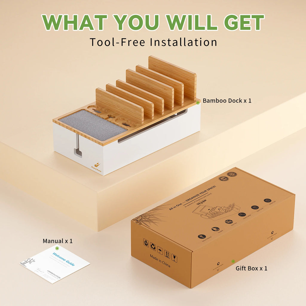 Bamboo Charging Station for Multiple Devices Charger Dock Holder Stand for Cell Phone and Tablet Electronic Devices Organizer