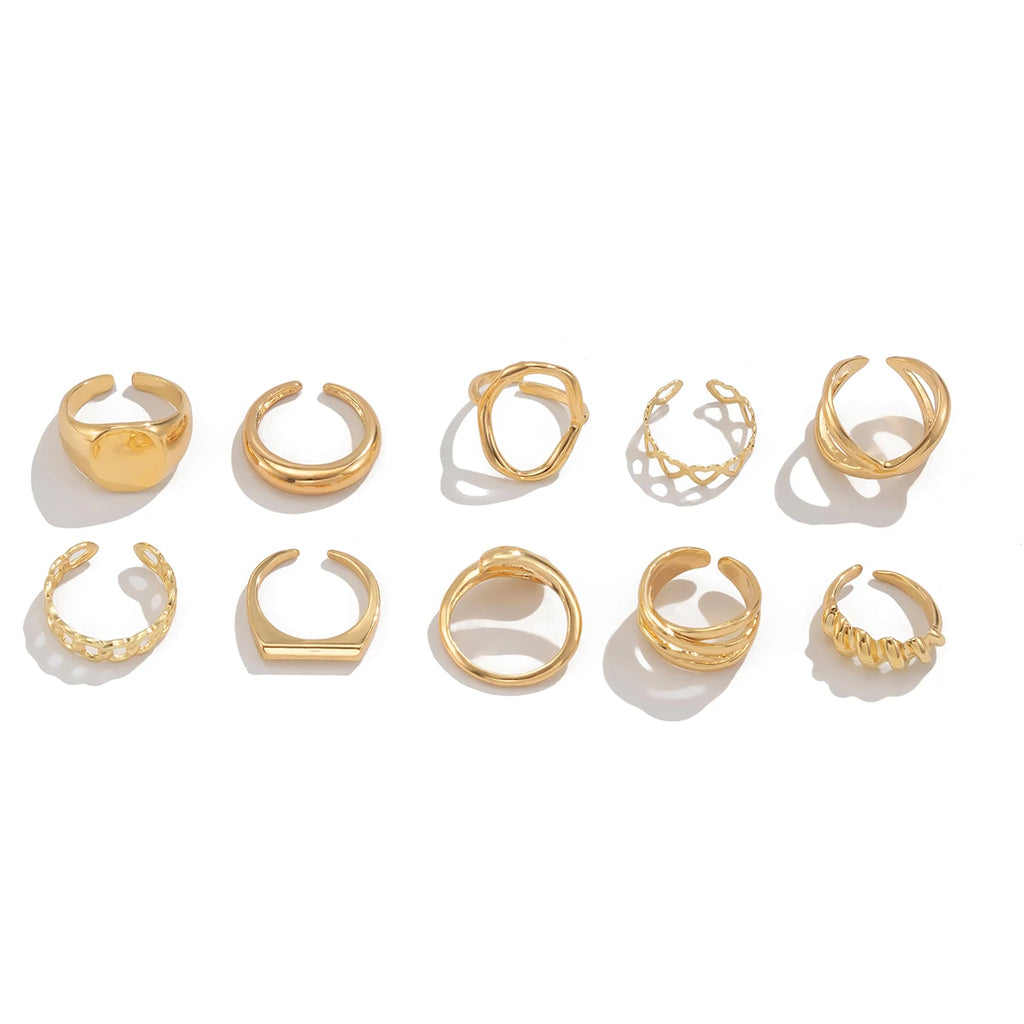 10Pcs/Set Vintage Smooth Water Drop Open Rings for Women Creative Metal Gold Color Finger Rings Daily Jewelry Gift New