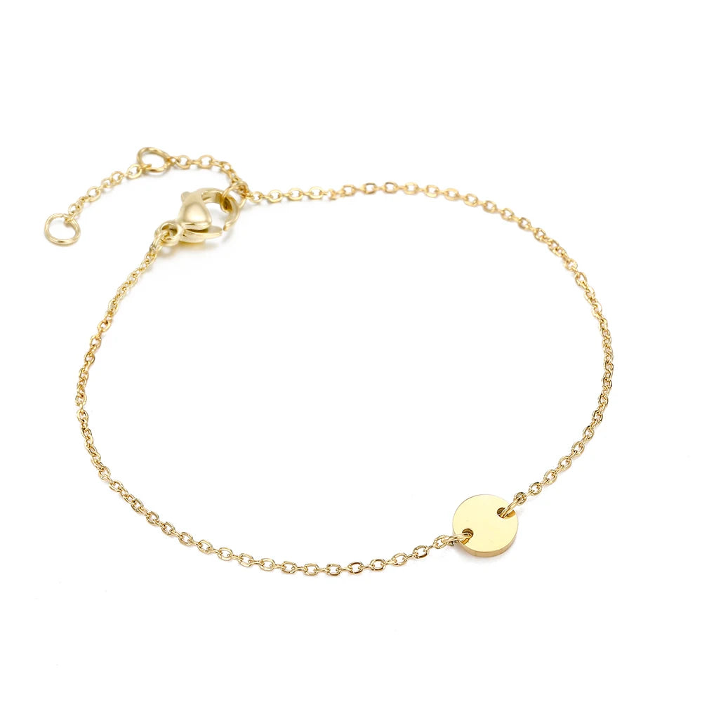 Emanco Minimalist Initial Charm Bracelets Plain Blank round Pendant Stainless Steel Bracelet Adjustable Bracelet Jewelle
