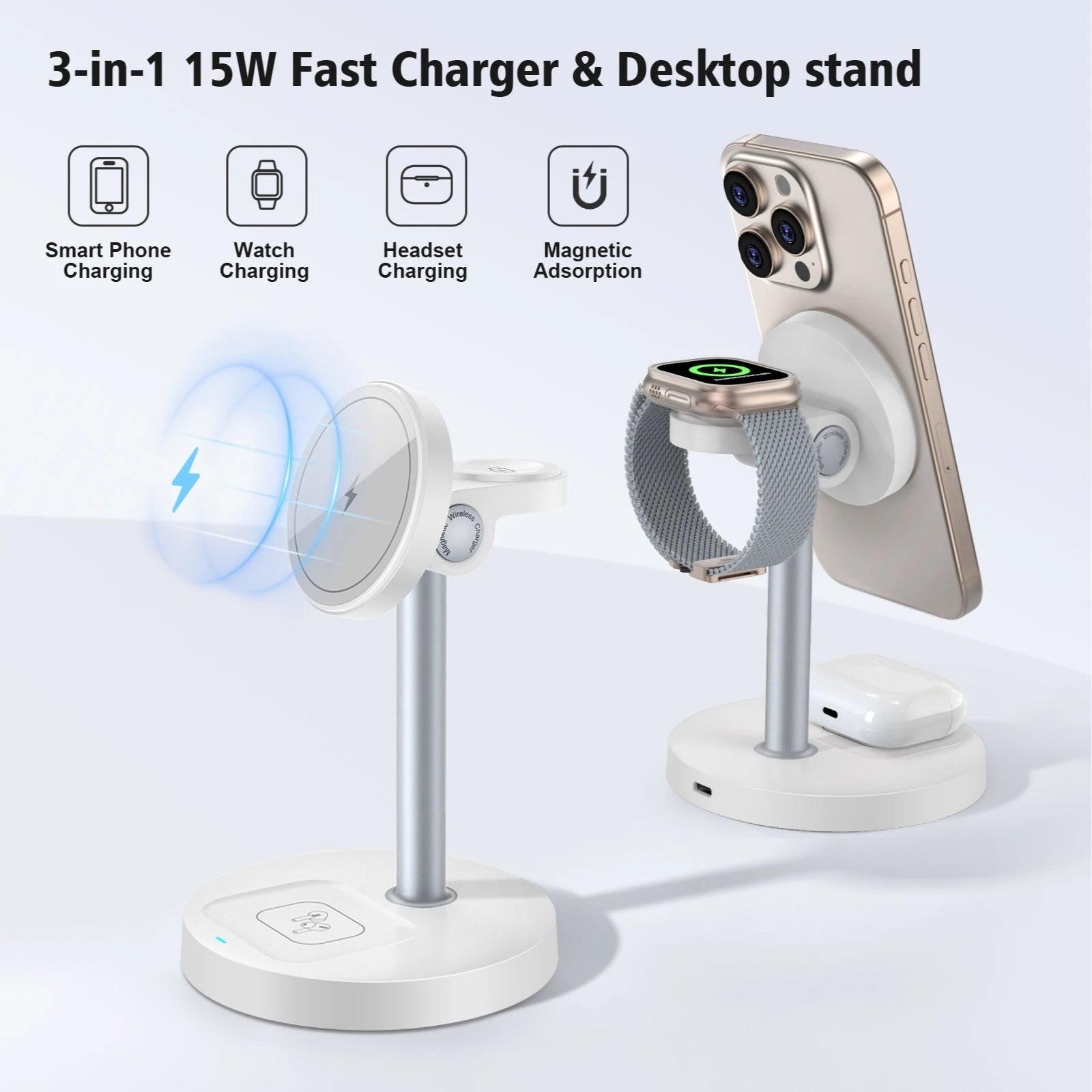 15W 3-In-1 Magnetic Wireless Charging Station Travel Fast Charger for Magsafe Iphone 16 15 14 13 12 Apple Watch 10-2 Airpods Pro