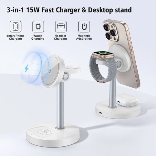 15W 3-In-1 Magnetic Wireless Charging Station Travel Fast Charger for Magsafe Iphone 16 15 14 13 12 Apple Watch 10-2 Airpods Pro