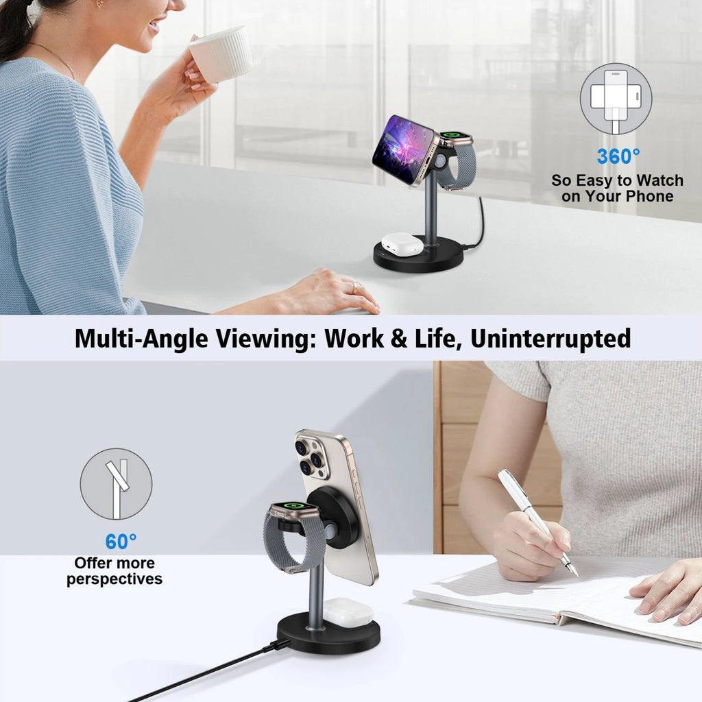 15W 3-In-1 Magnetic Wireless Charging Station Travel Fast Charger for Magsafe Iphone 16 15 14 13 12 Apple Watch 10-2 Airpods Pro