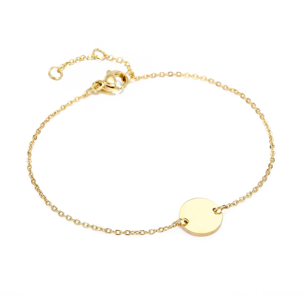 Emanco Minimalist Initial Charm Bracelets Plain Blank round Pendant Stainless Steel Bracelet Adjustable Bracelet Jewelle