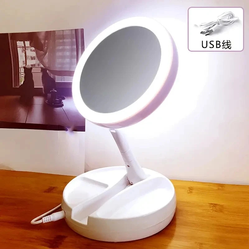 Double-Sided Travel LED Makeup Mirror with 10X Magnification Folding Portable Cosmetic Mirror with Lights Dual Powered Supply
