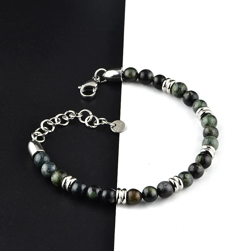 Fashion Stainless Steel Bracelet for Men 6MM Natural Stone Beaded Bracelets Handmade Adjustable Pulseras Jewelry Gift for Women