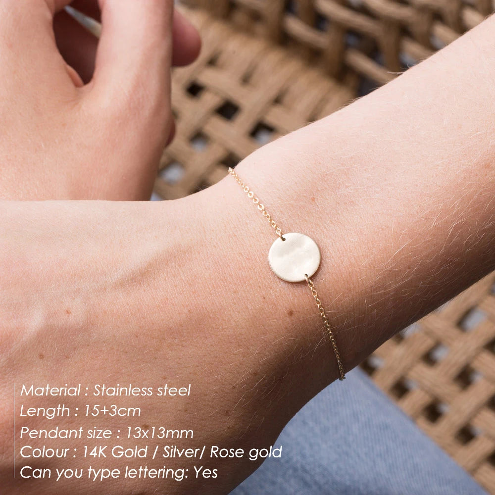 Emanco Minimalist Initial Charm Bracelets Plain Blank round Pendant Stainless Steel Bracelet Adjustable Bracelet Jewelle