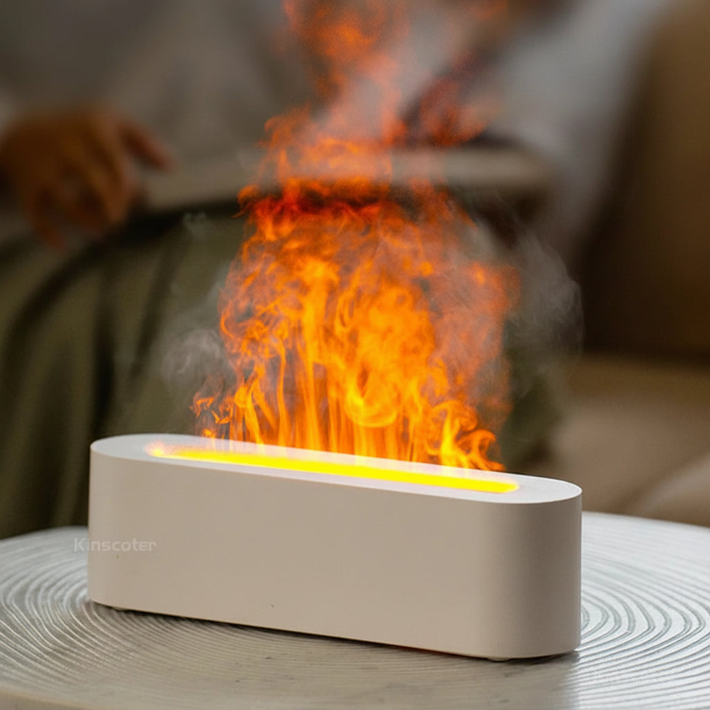 KINSCOTER Essential Oil Aroma Diffuser Flame Air Humidifier Ultrasonic Cool Mist Difusor with RGB Realistic Fire Night Light