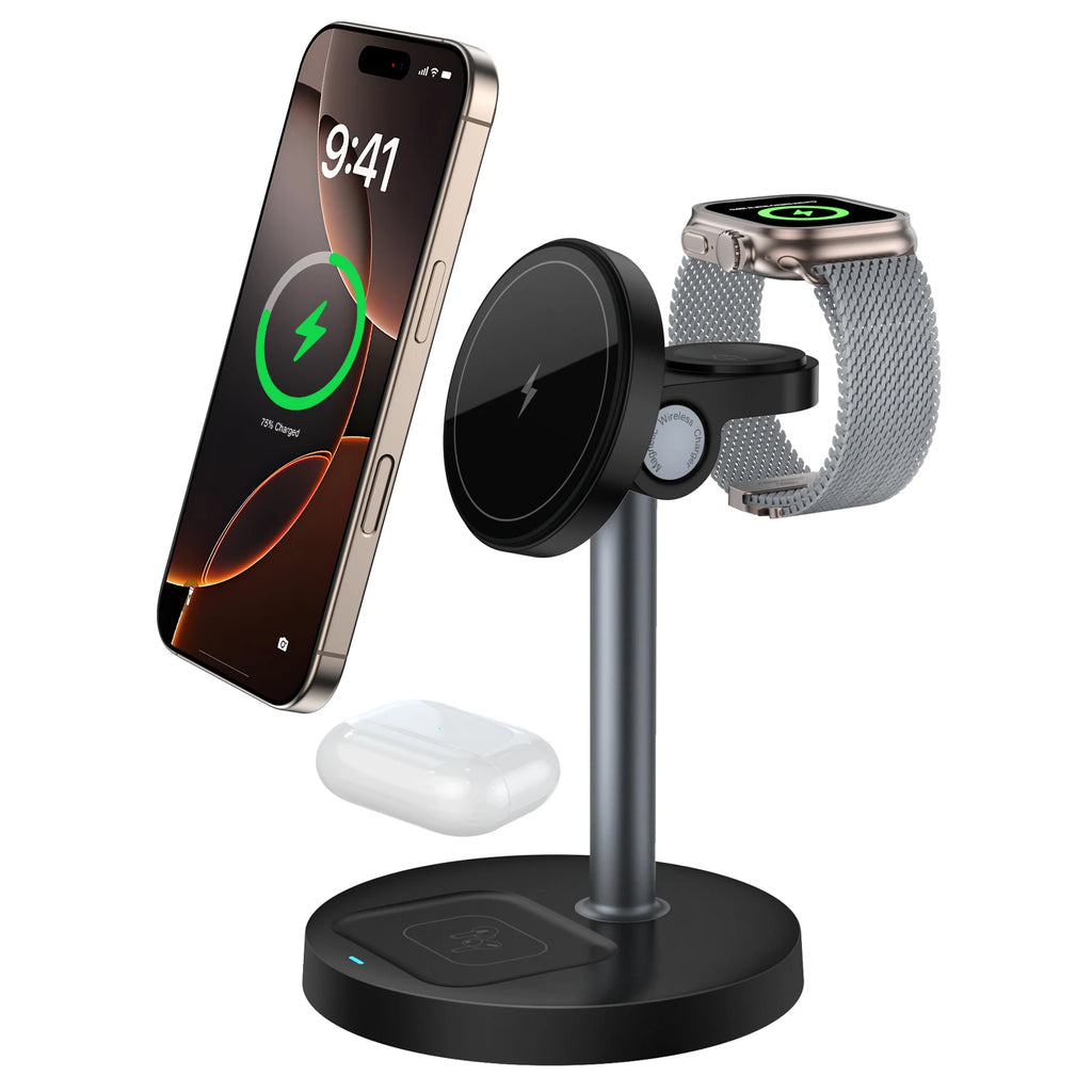 15W 3-In-1 Magnetic Wireless Charging Station Travel Fast Charger for Magsafe Iphone 16 15 14 13 12 Apple Watch 10-2 Airpods Pro