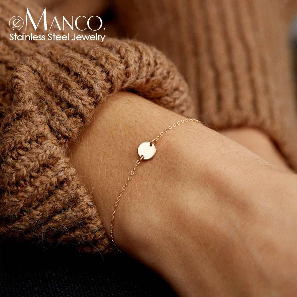 Emanco Minimalist Initial Charm Bracelets Plain Blank round Pendant Stainless Steel Bracelet Adjustable Bracelet Jewelle