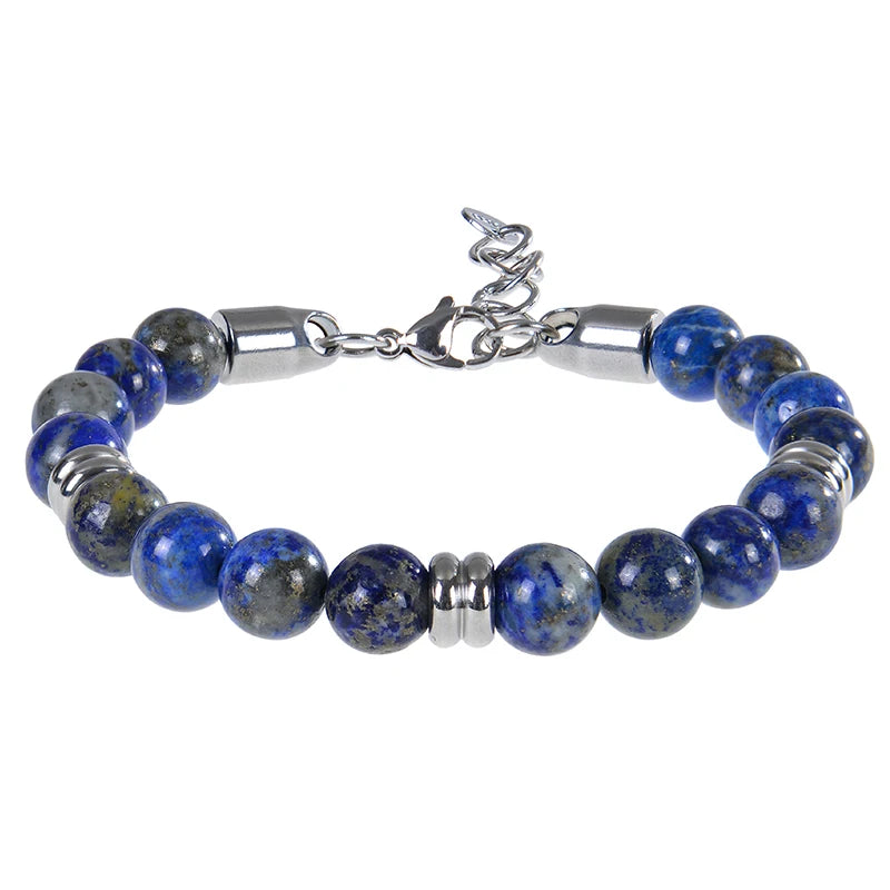 8Mm Natural Stone Lapis Lazuli Beaded Bracelet Adjustable Stainless Steel Chain Bracelet for Men Women Handmade Jewelry Gifts