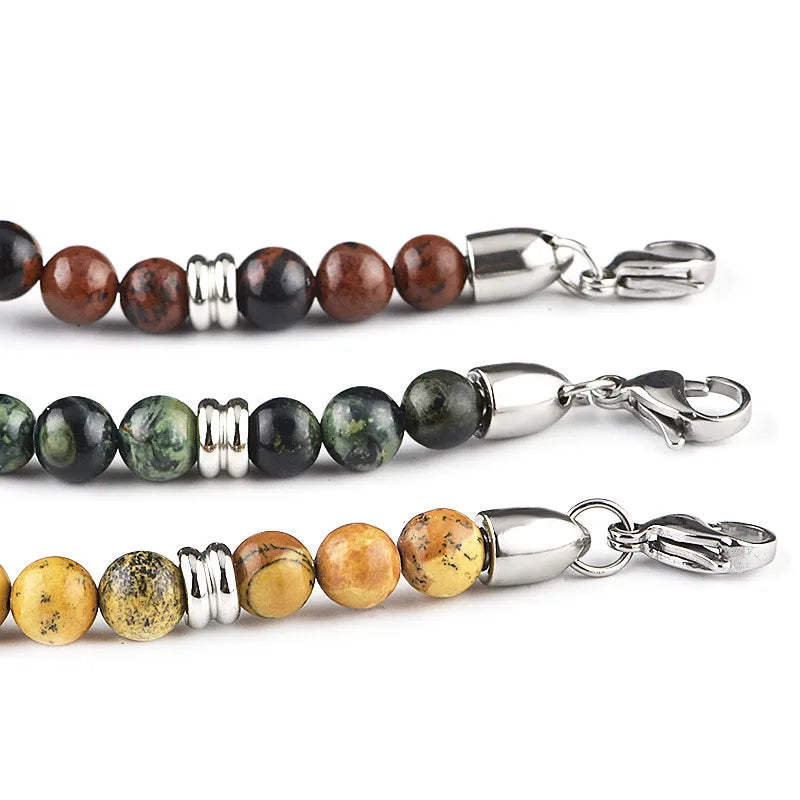 Fashion Stainless Steel Bracelet for Men 6MM Natural Stone Beaded Bracelets Handmade Adjustable Pulseras Jewelry Gift for Women