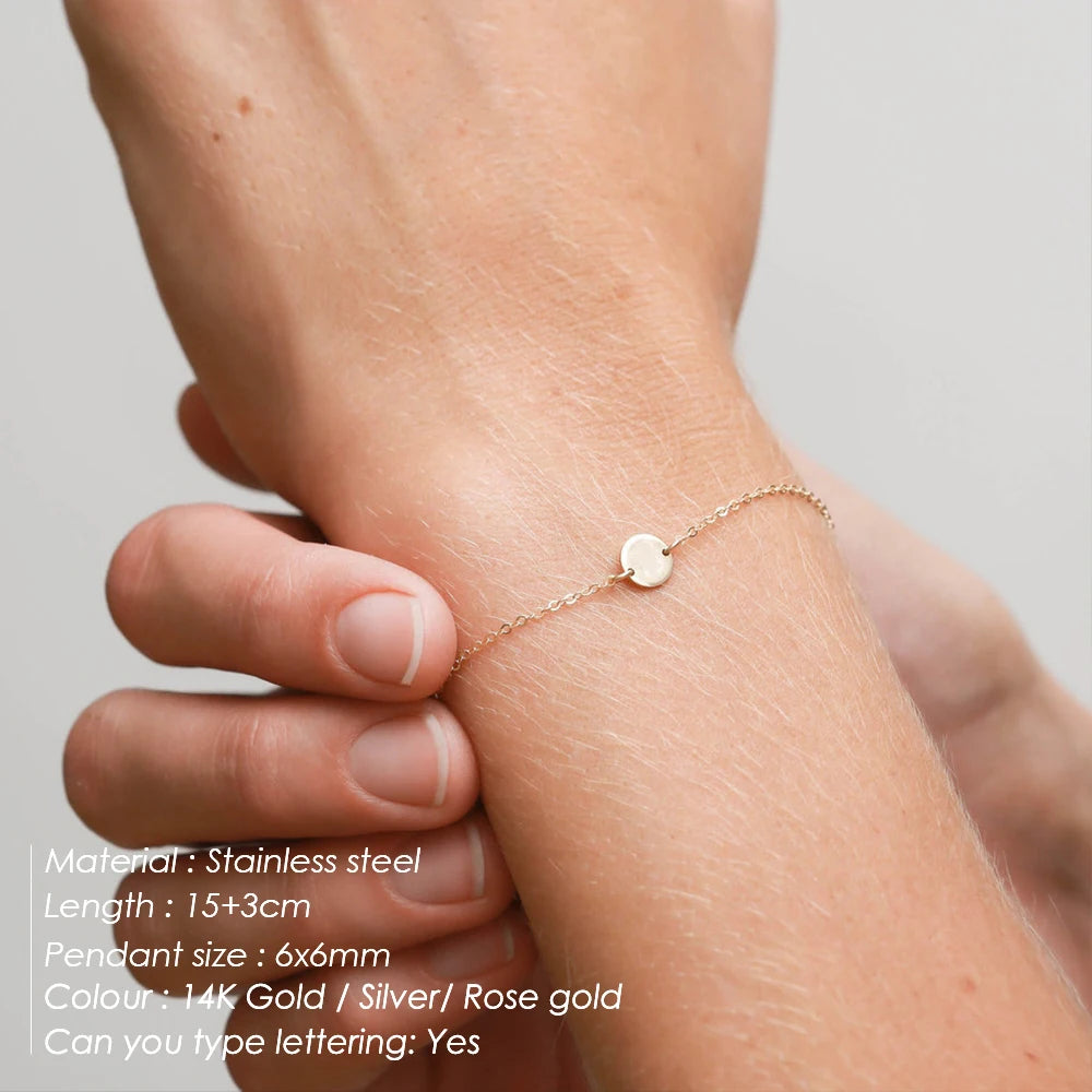 Emanco Minimalist Initial Charm Bracelets Plain Blank round Pendant Stainless Steel Bracelet Adjustable Bracelet Jewelle