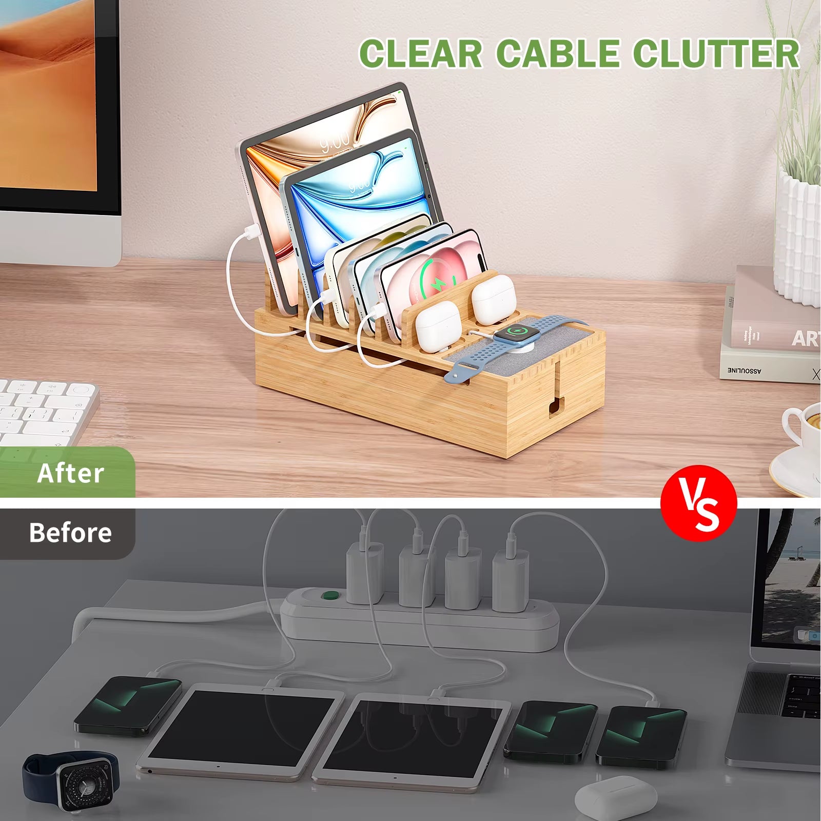 Bamboo Charging Station for Multiple Devices Charger Dock Holder Stand for Cell Phone and Tablet Electronic Devices Organizer