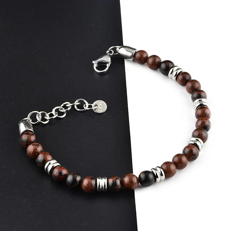 Fashion Stainless Steel Bracelet for Men 6MM Natural Stone Beaded Bracelets Handmade Adjustable Pulseras Jewelry Gift for Women